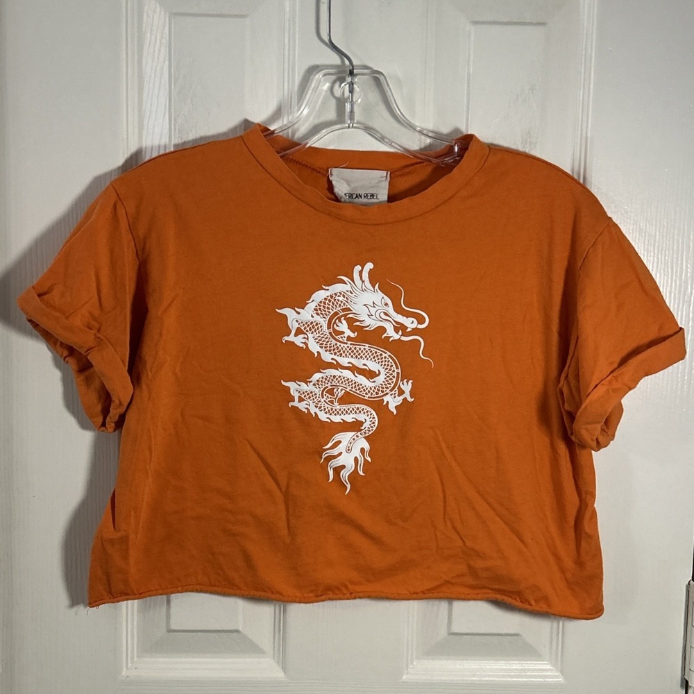 American Rebel Crop Top T-Shirt Women's Size Medium Orange Dragon Print